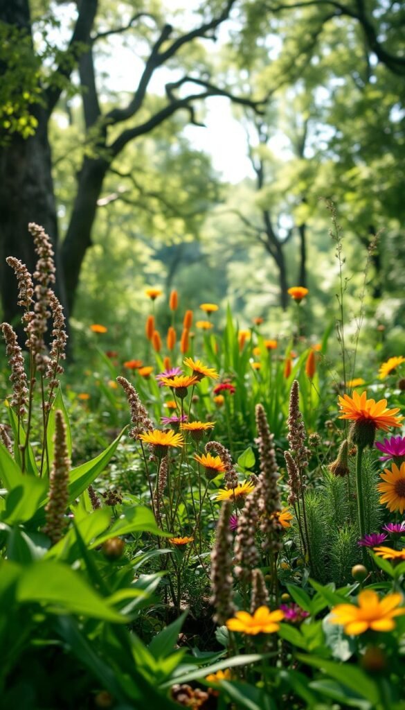 Lush foliage of diverse native plants fills the foreground, showcasing the vibrant colors and textures of a thriving local ecosystem. In the middle ground, an array of blooming wildflowers in warm hues sway gently in the breeze. The background depicts a serene woodland scene, with dappled sunlight filtering through the canopy of mature native trees. The composition captures the natural beauty and intricate web of life that emerges when a garden embraces indigenous flora. Soft, diffused lighting and a shallow depth of field create an immersive, almost dreamlike atmosphere, inviting the viewer to appreciate the wonder of native plant biodiversity. Lush foliage of diverse native plants fills the foreground, showcasing the vibrant colors and textures of a thriving local ecosystem. In the middle ground, an array of blooming wildflowers in warm hues sway gently in the breeze. The background depicts a serene woodland scene, with dappled sunlight filtering through the canopy of mature native trees. The composition captures the natural beauty and intricate web of life that emerges when a garden embraces indigenous flora. Soft, diffused lighting and a shallow depth of field create an immersive, almost dreamlike atmosphere, inviting the viewer to appreciate the wonder of native plant biodiversity.