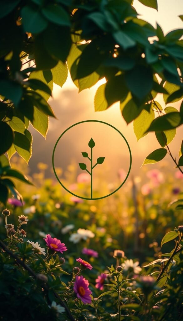 Lush garden landscape, verdant foliage and blooming flowers framing a minimalist circular logo design. The logo features a simple line drawing of a tree or plant silhouette, conveying a sense of natural harmony and organic growth. Warm, golden sunlight filters through the leaves, casting soft shadows and highlighting the logo's clean, elegant lines. The overall composition evokes a feeling of tranquility, inviting the viewer to connect with the natural world and the brand's commitment to sustainable, nature-inspired landscaping services.