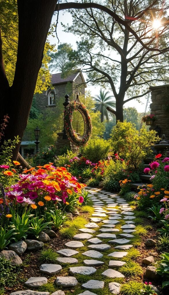 Lush garden oasis, bursting with sensory delights. In the foreground, a tactile path of natural stones and textured materials invites exploration. Vibrant flowers in a rainbow of hues dotting the middle ground, their petals softly billowing in a gentle breeze. Towering trees provide dappled shade, their leaves rustling symphonically. The scent of fragrant herbs and blooms permeates the air, soothing the senses. Warm, golden sunlight filters through, casting a serene, welcoming glow. Chimes and water features add a calming auditory backdrop, creating a truly immersive sensory experience. Peaceful, tranquil, and inclusive - a sanctuary for all to enjoy. Lush garden oasis, bursting with sensory delights. In the foreground, a tactile path of natural stones and textured materials invites exploration. Vibrant flowers in a rainbow of hues dotting the middle ground, their petals softly billowing in a gentle breeze. Towering trees provide dappled shade, their leaves rustling symphonically. The scent of fragrant herbs and blooms permeates the air, soothing the senses. Warm, golden sunlight filters through, casting a serene, welcoming glow. Chimes and water features add a calming auditory backdrop, creating a truly immersive sensory experience. Peaceful, tranquil, and inclusive - a sanctuary for all to enjoy.