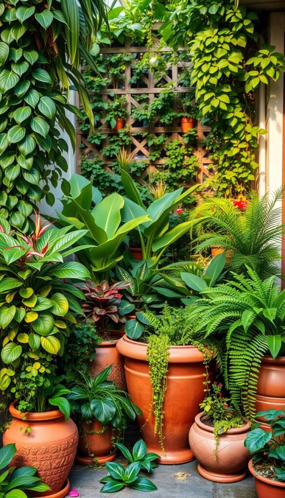 Lush tropical foliage cascades from an array of vibrant plant-filled containers, creating a verdant oasis in a small urban setting. In the foreground, a mix of leafy greens, flowering tropicals, and trailing vines spill over the edges of terracotta pots, textural ceramic vessels, and wooden planter boxes. The middle ground features a layered arrangement of potted palms, elephant ears, and lush ferns, while the background showcases a trellis or lattice structure covered in vining plants, casting dappled shadows. Warm, soft lighting illuminates the scene, capturing the rich, saturated colors and creating a serene, inviting atmosphere. The overall composition reflects a harmonious and visually striking container gardening design that seamlessly blends tropical elements for a small-space oasis.