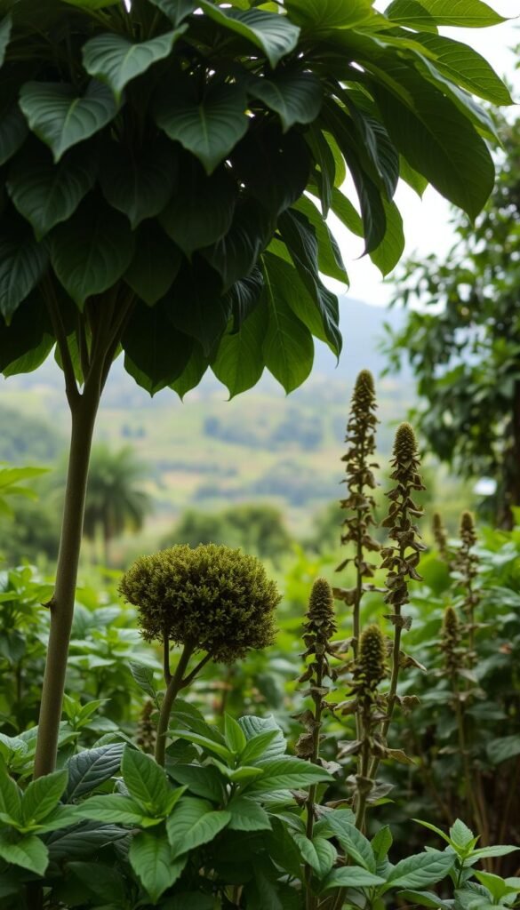 Lush, verdant garden scene featuring two pairs of sibling plants in a harmonious arrangement. In the foreground, a towering leafy plant shelters a smaller, bushy companion, embodying the "big brother, little brother" dynamic. Muted natural lighting filters through the canopy, casting soft shadows and highlighting the plants' varied textures. In the middle ground, another pair of sibling plants, one tall and stately, the other shorter and more delicate, grow in a complementary manner. The background features a blurred, dreamlike landscape, emphasizing the tranquil, nurturing atmosphere. Composed with an intimate, close-up perspective to showcase the symbiotic relationship between the plant pairings.