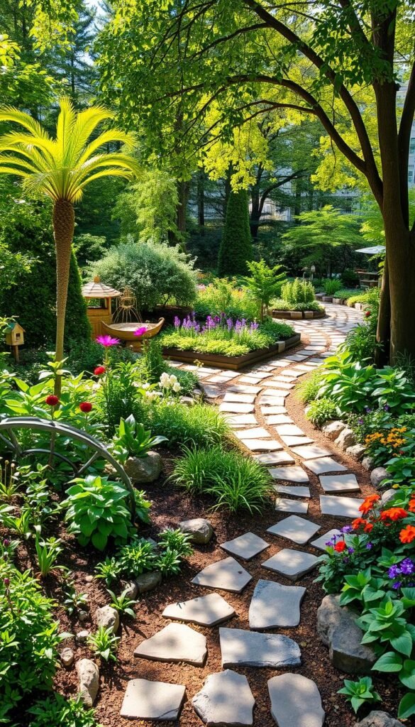 Lush, verdant learning garden with vibrant, educational plantings. Diverse flora including herb beds, vegetable patches, and interactive sensory stations. Meandering stone pathways wind through the serene landscape, inviting exploration. A central focal point features a hand-crafted sundial or water feature, casting dynamic shadows. Soft, diffused natural lighting filters through the canopy of mature trees, evoking a sense of tranquility. Whimsical bird houses, wind chimes, and tactile elements encourage hands-on learning. The overall design strikes a balance between form and function, inspiring curiosity and wonder in young, inquisitive minds.