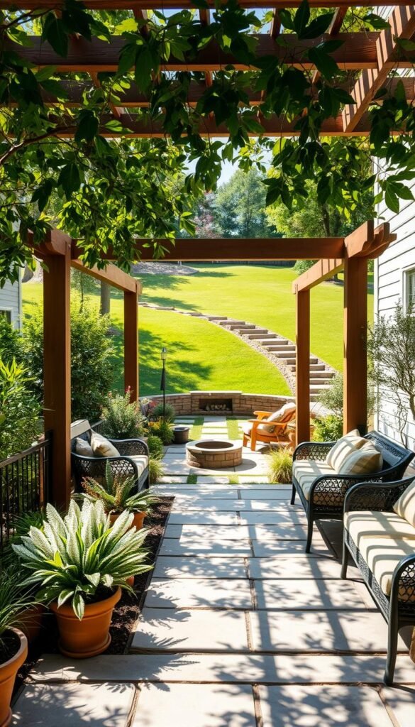 Outdoor garden rooms, a serene oasis with lush greenery and inviting seating areas. A tranquil middle-ground setting with a stone patio, ornamental plants, and a wooden pergola casting dappled sunlight. In the background, a verdant lawn dotted with whimsical pathways, leading to a secluded corner featuring a cozy fire pit. Warm, earthy tones complement the natural materials, creating a harmonious and relaxing atmosphere. Captured through a wide-angle lens, the scene conveys a sense of balance between functional living spaces and the beauty of the surrounding landscape.