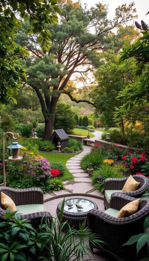 Outdoor living spaces for people and wildlife, a harmonious blend of natural elements. A lush, expansive garden with diverse foliage - towering trees, vibrant flowers, and meandering pathways. In the foreground, a cozy seating area with wicker furniture invites relaxation, while birdfeeders and a tranquil pond attract a variety of bird species. Soft, warm lighting illuminates the scene, creating a serene ambiance as the sun dips below the horizon. The middle ground features a hidden wildlife sanctuary, where small creatures find refuge amidst the verdant undergrowth. A wide-angle lens captures the depth and balance of this inviting oasis, where humans and nature coexist in perfect harmony.