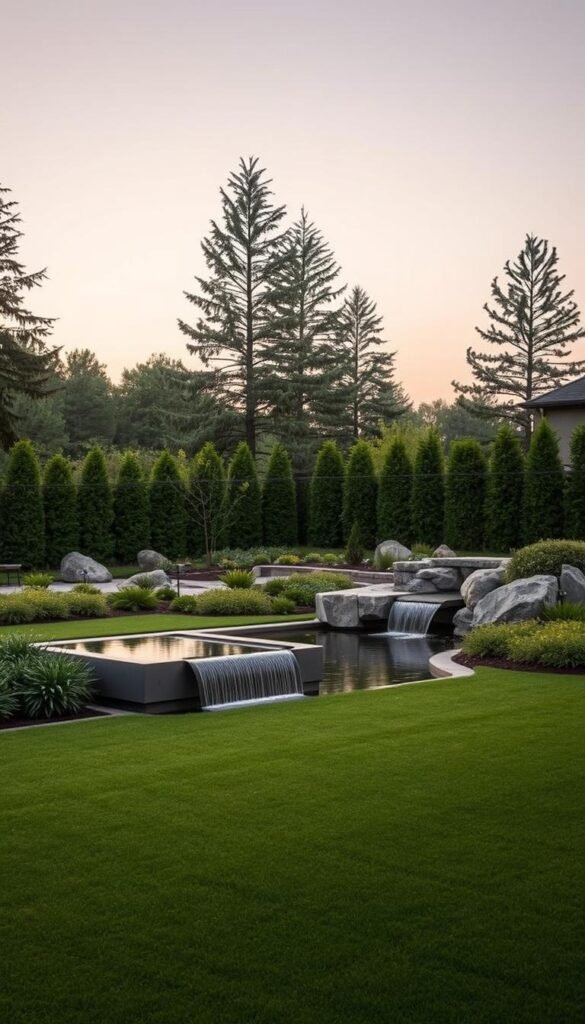 Outdoor transformation planning concepts: a lush, verdant landscape with a focus on contemporary, minimalist garden design. In the foreground, a well-manicured lawn leads to a sleek, modern water feature, its gentle flow creating a soothing ambiance. The middle ground showcases neatly pruned hedges and strategically placed boulders, while the background features a harmonious blend of tall, swaying trees and a subtle, warm-toned sky. Soft, diffused lighting illuminates the scene, creating a sense of tranquility and sophistication. The overall composition emphasizes the harmonious integration of natural and man-made elements, inspiring an upscale, modern outdoor transformation.