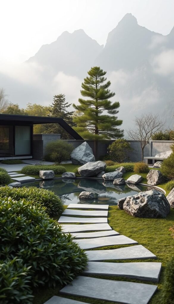 Prompt A tranquil modern Japanese garden design featuring a serene stone and water landscape. In the foreground, a minimalist stone path winds through lush greenery, leading the eye to a central koi pond. The pond's surface reflects the sky and surrounding foliage, creating a sense of calm and balance. In the middle ground, angular stone elements, such as boulders and slabs, are strategically placed to accentuate the flow of water. The background showcases a backdrop of tall, mist-shrouded mountains, suggesting a connection to the natural world. Soft, diffused lighting illuminates the scene, evoking a contemplative and timeless atmosphere. Prompt A tranquil modern Japanese garden design featuring a serene stone and water landscape. In the foreground, a minimalist stone path winds through lush greenery, leading the eye to a central koi pond. The pond's surface reflects the sky and surrounding foliage, creating a sense of calm and balance. In the middle ground, angular stone elements, such as boulders and slabs, are strategically placed to accentuate the flow of water. The background showcases a backdrop of tall, mist-shrouded mountains, suggesting a connection to the natural world. Soft, diffused lighting illuminates the scene, evoking a contemplative and timeless atmosphere.