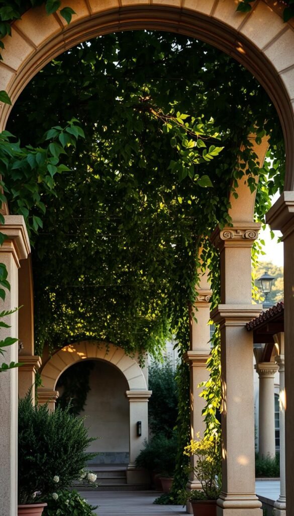 Shade structures with lush, cascading vines in a classic Mediterranean garden setting. Ornate stone archways and trellises support a verdant canopy of climbing foliage, casting gentle shadows and creating an inviting, shaded respite. Warm, golden afternoon sunlight filters through the leaves, illuminating the textured surfaces and highlighting the interplay of light and shadow. The architecture blends seamlessly with the natural surroundings, evoking a sense of timeless, rustic elegance. Carefully composed to showcase the harmonious integration of built and natural elements, capturing the essence of Tuscan-inspired outdoor design.