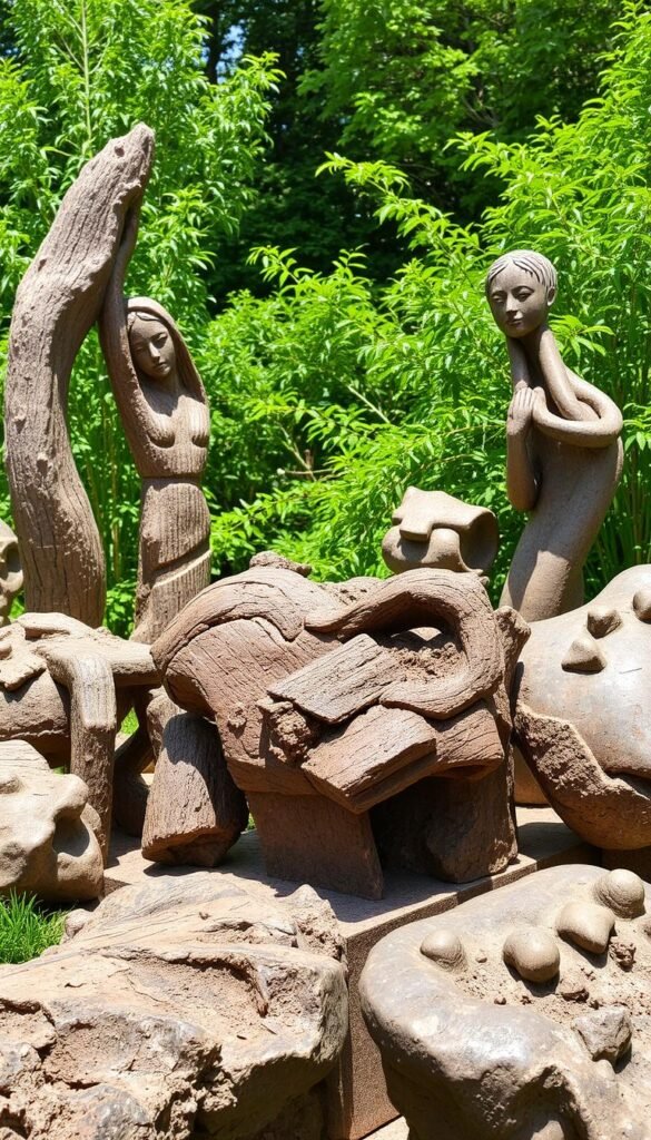 Weathered, rugged outdoor sculptures crafted from durable materials, arranged in a lush, verdant garden setting. Textured, aged surfaces in earthy tones, complemented by verdant foliage and natural lighting. Sculptural forms that harmonize with the surrounding landscape, creating a cohesive artistic installation. Carefully positioned to invite exploration, the sculptures cast dramatic shadows and interact with the changing daylight. A serene, contemplative atmosphere where nature and human-made elements coexist in a harmonious balance.