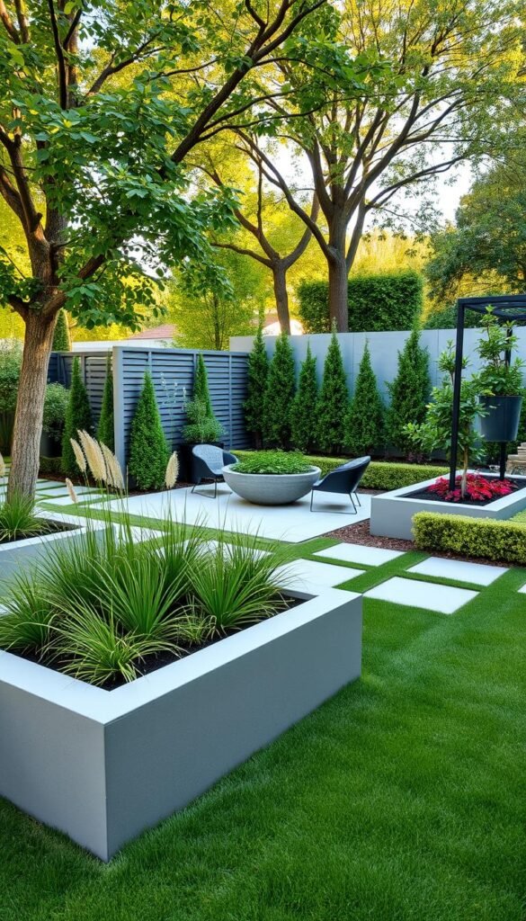 a beautifully designed modern small garden, with clean geometric lines, lush greenery, and contemporary hardscaping. The foreground features a minimalist, raised planter bed with a variety of ornamental grasses and flowering plants. In the middle ground, a sleek, angular seating area with modern patio furniture is surrounded by neatly trimmed hedges and shrubs. The background showcases a simple, yet stylish privacy fence, complemented by the dappled light filtering through a canopy of mature trees. The overall scene conveys a sense of tranquility and sophisticated design, perfectly suited for a small urban or suburban yard.