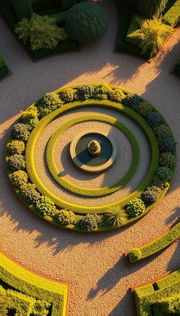 a detailed circular garden design with a central circular pond or fountain, surrounded by concentric rings of neatly manicured flowerbeds, lush greenery, and gravel pathways. the garden is bathed in warm, golden afternoon sunlight, casting soft shadows across the scene. the composition is balanced and harmonious, with a sense of tranquility and order. the image should convey the principles of circular garden design, including the use of repeating patterns, symmetry, and the interplay of different shapes and textures. a detailed circular garden design with a central circular pond or fountain, surrounded by concentric rings of neatly manicured flowerbeds, lush greenery, and gravel pathways. the garden is bathed in warm, golden afternoon sunlight, casting soft shadows across the scene. the composition is balanced and harmonious, with a sense of tranquility and order. the image should convey the principles of circular garden design, including the use of repeating patterns, symmetry, and the interplay of different shapes and textures.
