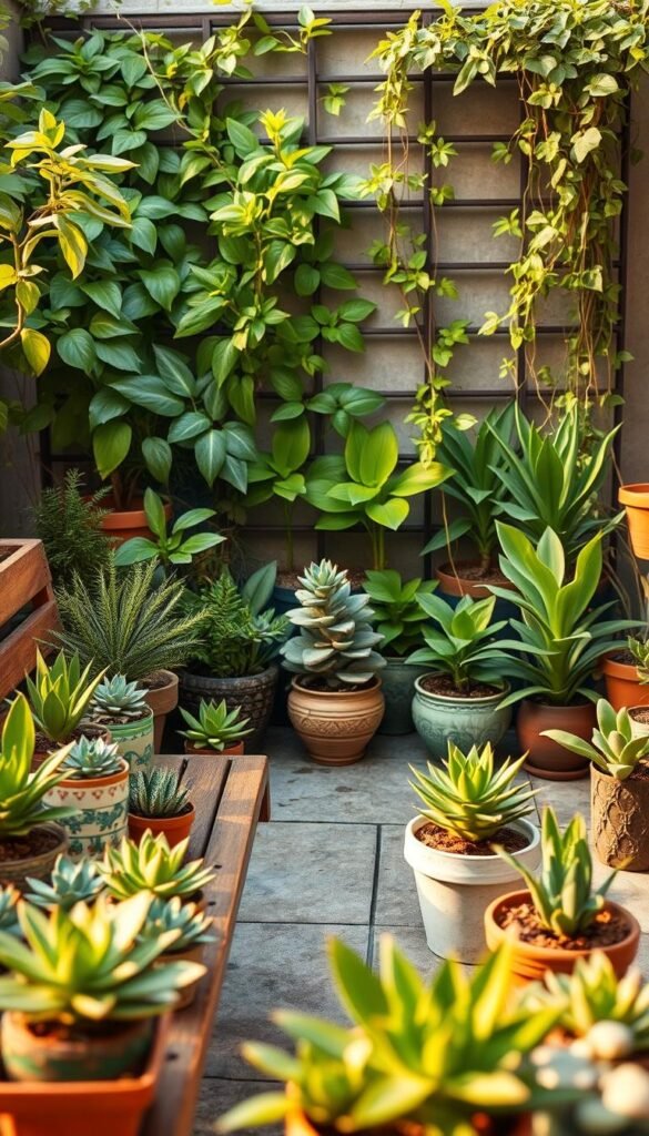 a highly detailed, meticulously planned small space garden with a lush, tropical aesthetic. The foreground features a variety of potted plants and succulents neatly arranged on a wooden garden bench, creating a cozy and inviting atmosphere. The middle ground showcases a carefully curated selection of leafy, vibrant plants in decorative pots, strategically placed to maximize the use of limited space. In the background, a trellis or vertical gardening structure supports climbing vines and trailing foliage, adding depth and dimension to the scene. The lighting is warm and natural, casting a soft, golden glow that enhances the verdant colors and textures of the plants. The entire composition reflects a sense of harmony, balance, and intentional design, perfectly capturing the essence of "Understanding Your Space and Planning Smartly" for a tropical garden in a small area.