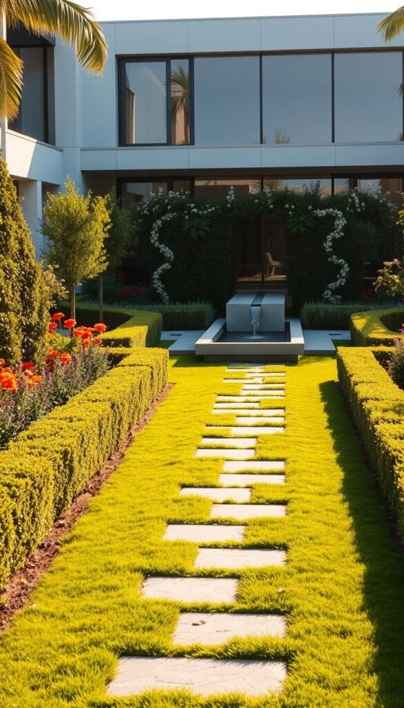 a lush, modern garden design with a rectangular layout, featuring a well-manicured lawn, neatly trimmed hedges, and a variety of vibrant flowering plants in the foreground. In the middle ground, a meandering stone pathway leads to a sleek, contemporary water feature with a minimalist design. The background showcases a modern architectural structure, with large windows and clean lines, complementing the overall aesthetic. The scene is bathed in warm, golden light, creating a serene and inviting atmosphere, guiding the viewer through the rectangular garden journey.
