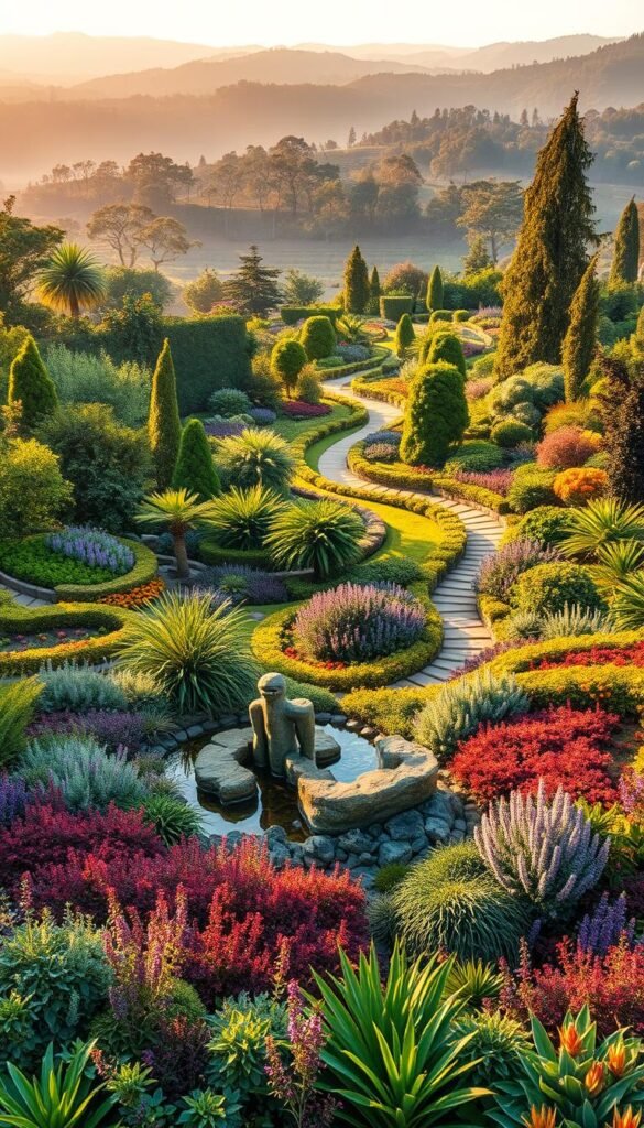 a lush, sprawling garden landscape with a focus on creative and innovative design elements, featuring a striking balance of vibrant colors, intricate patterns, and carefully curated plantings. In the foreground, a central focal point showcases a unique sculptural water feature or whimsical art installation, surrounded by a variety of textured perennials and lush, cascading foliage. The middle ground offers a meandering path that invites exploration, flanked by a diverse array of trees, shrubs, and vibrant flower beds. In the background, a harmonious blend of towering trees and rolling hills creates a sense of depth and tranquility, bathed in warm, natural lighting that casts a serene, dream-like atmosphere over the entire scene.