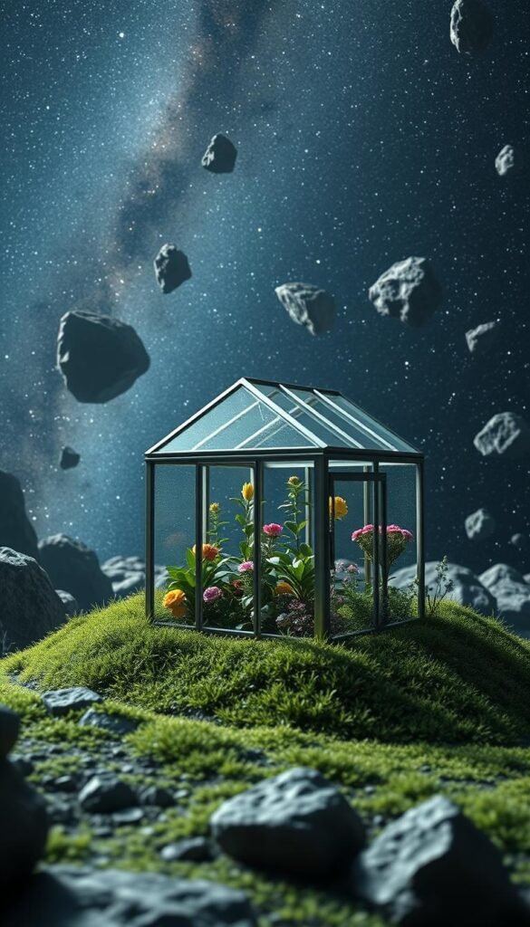 a lush, verdant mini garden oasis in outer space, with floating rocks and asteroids in the background, a clear view of the Milky Way galaxy, and a small greenhouse structure at the center. The greenhouse is made of transparent panels, allowing natural light to filter in. Inside, various small plants and flowers are thriving, their colors vibrant and healthy. The overall atmosphere is serene and tranquil, with a soft, diffused lighting that creates a sense of peaceful contemplation. The camera angle is slightly elevated, allowing the viewer to take in the entire scene, showcasing the delicate balance between the natural and the artificial, the earthly and the cosmic. a lush, verdant mini garden oasis in outer space, with floating rocks and asteroids in the background, a clear view of the Milky Way galaxy, and a small greenhouse structure at the center. The greenhouse is made of transparent panels, allowing natural light to filter in. Inside, various small plants and flowers are thriving, their colors vibrant and healthy. The overall atmosphere is serene and tranquil, with a soft, diffused lighting that creates a sense of peaceful contemplation. The camera angle is slightly elevated, allowing the viewer to take in the entire scene, showcasing the delicate balance between the natural and the artificial, the earthly and the cosmic.