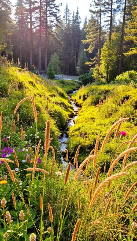 a lush, vibrant landscape of native plants thriving in their natural habitat, bathed in warm, golden afternoon sunlight. in the foreground, a diverse array of flowering plants and grasses sway gently in a light breeze, their colors and textures creating a captivating tapestry. the middle ground features a small, meandering stream cutting through the landscape, its banks lined with verdant ferns and mosses. in the background, a dense forest of tall, mature trees reaches up to a cloudless sky, their branches filtering the light to create a soft, diffused glow. the overall scene conveys a sense of balance, harmony, and the intricate interconnectedness of the local ecosystem. a lush, vibrant landscape of native plants thriving in their natural habitat, bathed in warm, golden afternoon sunlight. in the foreground, a diverse array of flowering plants and grasses sway gently in a light breeze, their colors and textures creating a captivating tapestry. the middle ground features a small, meandering stream cutting through the landscape, its banks lined with verdant ferns and mosses. in the background, a dense forest of tall, mature trees reaches up to a cloudless sky, their branches filtering the light to create a soft, diffused glow. the overall scene conveys a sense of balance, harmony, and the intricate interconnectedness of the local ecosystem.