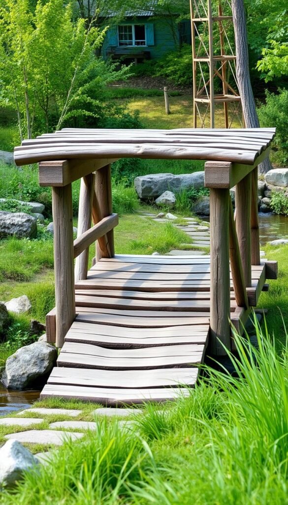 a simple wooden bridge in a peaceful natural setting, with a rustic, handcrafted aesthetic. the bridge spans a gentle stream, surrounded by lush greenery and soft natural lighting. the bridge's design features sturdy wooden beams and planks, with a weathered, aged appearance that blends seamlessly into the tranquil landscape. the scene evokes a sense of serene countryside charm, perfect for a relaxing stroll or as an elegant accent in a natural garden or landscaping design. the camera angle captures the bridge from a slightly elevated perspective, showcasing its charming details and integration with the surrounding environment. a simple wooden bridge in a peaceful natural setting, with a rustic, handcrafted aesthetic. the bridge spans a gentle stream, surrounded by lush greenery and soft natural lighting. the bridge's design features sturdy wooden beams and planks, with a weathered, aged appearance that blends seamlessly into the tranquil landscape. the scene evokes a sense of serene countryside charm, perfect for a relaxing stroll or as an elegant accent in a natural garden or landscaping design. the camera angle captures the bridge from a slightly elevated perspective, showcasing its charming details and integration with the surrounding environment.